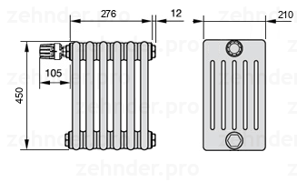 Схема (чертеж) Радиатор Zehnder Charleston 6045/6 №V012 Белый глянцевый RAL 9016
